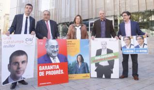 Els caps de llista gironins dels partits amb representació parlamentària, ahir davant la seu de la Generalitat. 