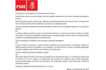 Aspecto que presenta hoy martes 21 de diciembre la web del PSOE, en el texto el partido trata de
