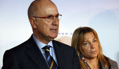 Josep Antoni Duran i Lleida i Joana Ortega, aquest dilluns després de la reunió del comitè de govern d'UDC