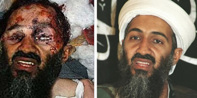 Comparativa de la suposada fotografia del cadàver de Bin Laden amb una imatge d'arxiu anterior del líder d'Al-Qaeda