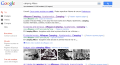 Captura de pantalla de la recerca de "càmping Alfacs" a Google