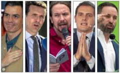Los candidatos de los cinco principales partidos de ámbito nacional, Pedro Sánchez, Pablo Casado, Pablo Iglesias, Albert Rivera y Santiago Abascal.