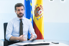 Pablo Casado, durante una videoconferencia reciente en la sede del PP en Madrid.