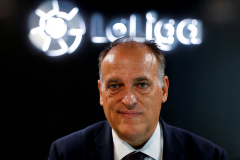 FILE PHOTO: La Liga President Javier lt;HIT gt;Tebas lt;/HIT gt; poses during an interview with Reuters at the La Liga headquarters in Madrid