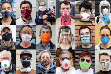 Fotos tomadas a personas en Valencia que salen a la calle con mascarillas de lo más variado, compradas y caseras.