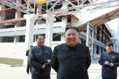(Korea, Democratic People''s Republic Of), 01/05/2020.- A photo released by the official North Korean Central News Agency () shows North Korean leader lt;HIT gt;Kim lt;/HIT gt; Jong-un (2-L) attending a completion ceremony of a factory, which has been built as the production base of Juche fertilizer, on May Day, in Sunchon, North Korea, 01 May 2020 (issued 02 May 2020). EPA/ EDITORIAL USE ONLY EDITORIAL USE ONLY