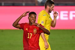 Spain's forward Ansu lt;HIT gt;Fati lt;/HIT gt; reacts after missing a goal opportunity during the UEFA Nations League A group 4 football match between Spain and Ukraine at the Alfredo Di Stefano Stadium in Madrid on September 6, 2020. (Photo by GABRIEL BOUYS / AFP)