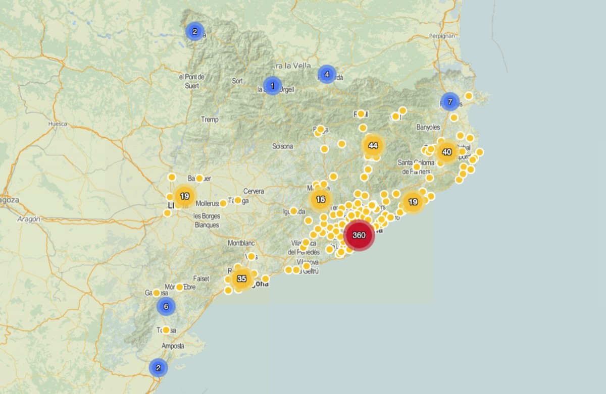 Mapa amb els centres que han hagut de confinar aules pel coronavirus.
