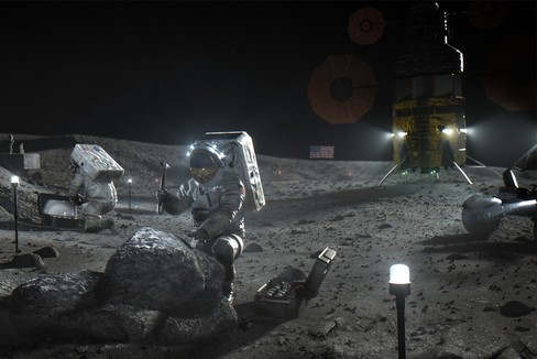 Recreación de astronautas de la NASA en la Luna