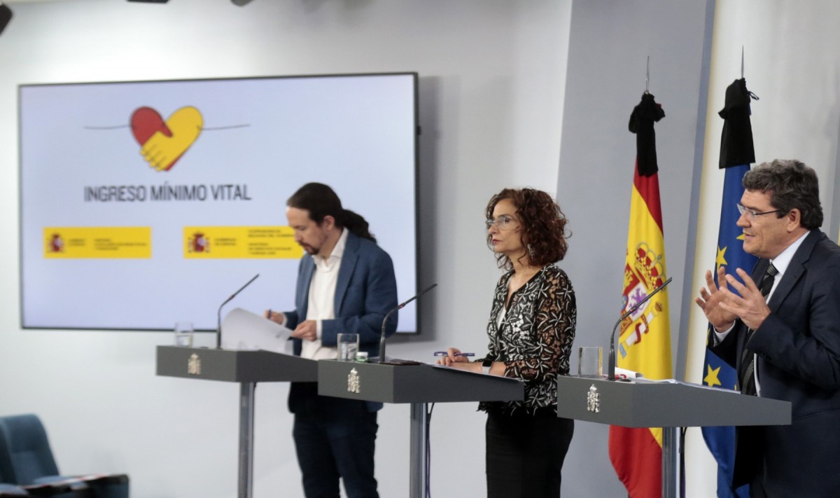 El vicepresident segon del govern espanyol i ministre de Drets Socials i Agenda 2030, Pablo Iglesias, anunciant l'aprovació de l'Ingrés Mínim Vital el maig de 2020.