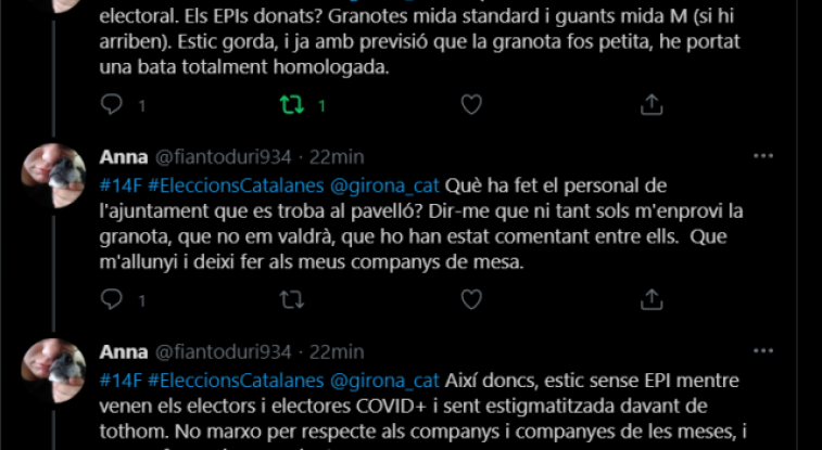 Una vocal d'una mesa de Girona denúncia haver-se quedat sense EPI en l'hora que voten els contagiats