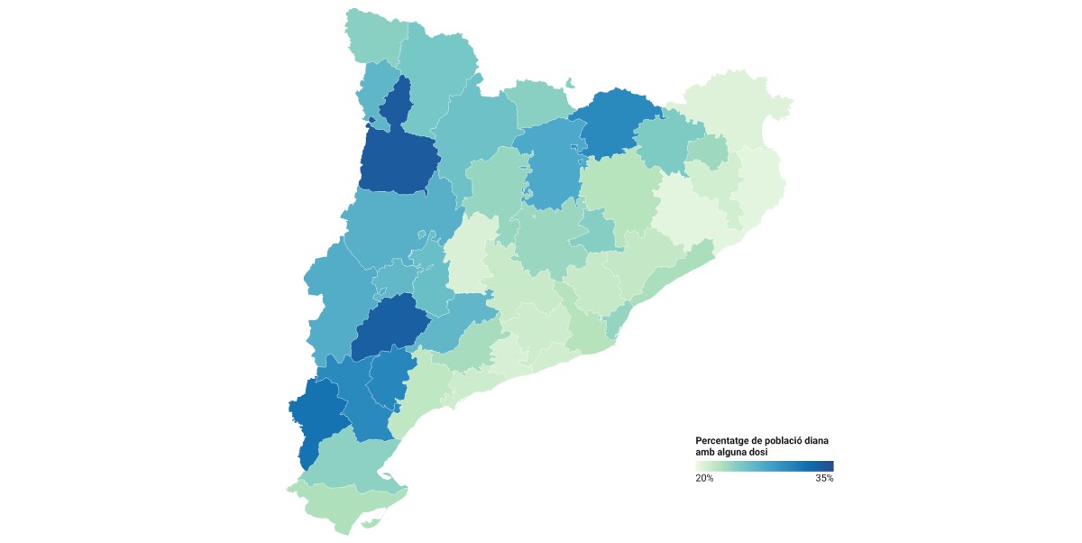 Mapa comarcal, en funció del percentatge de població vacunada.