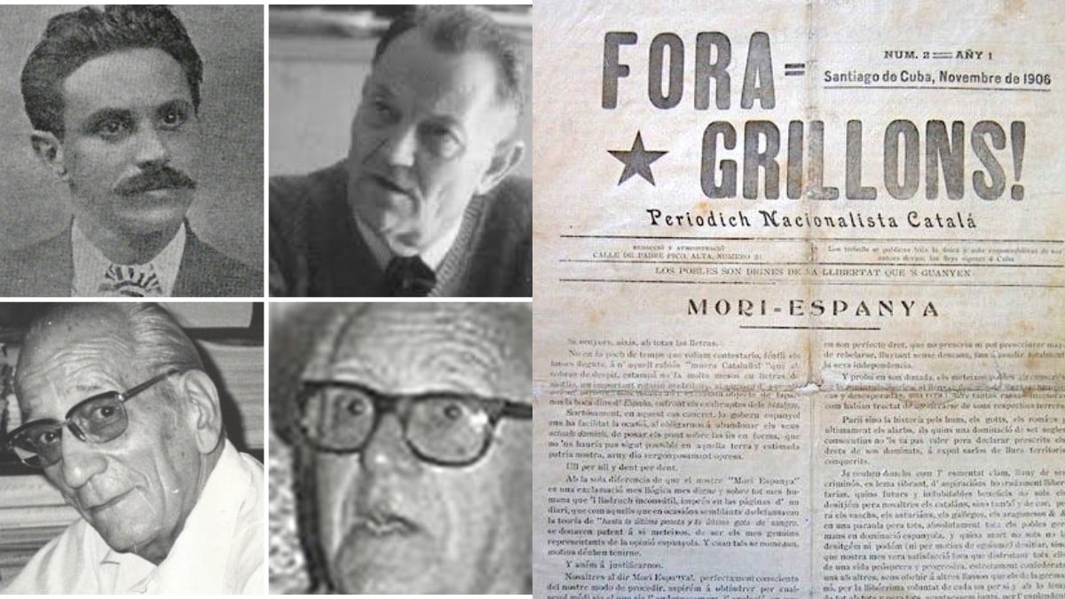 Carbonell, Arquer, Murià i Costa, fundadors de la UCI, i la portada de la revista «Fora grillons!»