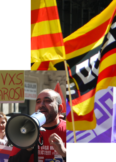 Javier Pacheco amb megàfon i banderes de CCOO Ccoo
